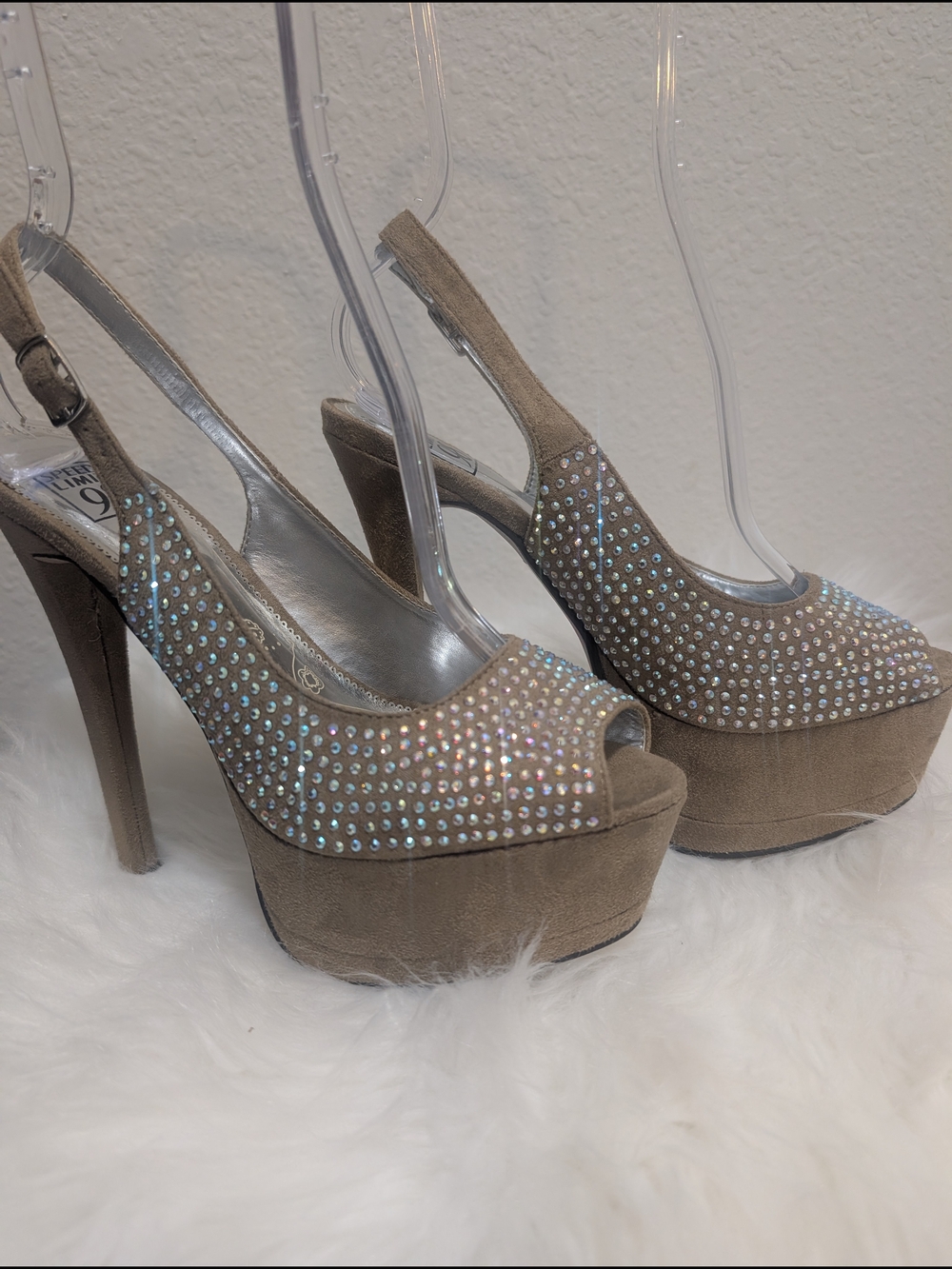 Beige Rhinestone Platform Slingback Heels